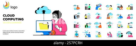 Cloud computing concept with character situations mega set. Bundle of scenes people downloading data and storing on server, using online database and hosting. Vector illustrations in flat web design Stock Vector