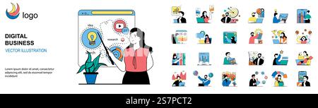 Digital business concept with character situations mega set. Bundle of scenes people brainstorming, making development plan and targeting, investing money. Vector illustrations in flat web design Stock Vector