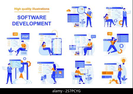 Software development web concept with people scenes set in flat style. Bundle of backend development, programming, working with abstract code and scripts. Vector illustration with character design Stock Vector