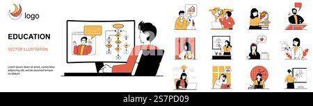 Education concept with character situations collection. Bundle of scenes people learning online, preparing to exam, teaching at lessons, get university diploma. Vector illustrations in flat web design Stock Vector