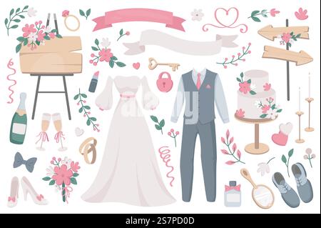 Wedding objects mega set in graphic flat design. Bundle elements of bride dress, groom suit, empty ribbons, flowers bouquet, champagne, glasses, rings, other. Vector illustration isolated stickers Stock Vector