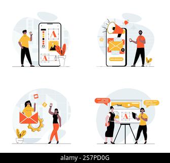 Designer studio concept with character set. Collection of scenes people do creative projects, using marketing tools, create applications and promote products. Vector illustrations in flat web design Stock Vector