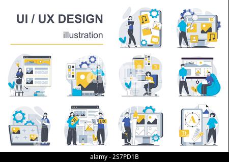 UI UX design concept with character situations mega set. Bundle of scenes people creating user interface layout for mobile phones and editing website templates. Vector illustrations in flat web design Stock Vector