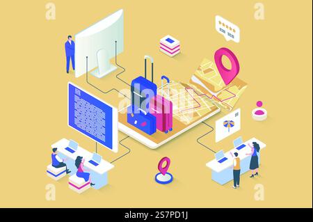 Travel vacation concept in 3d isometric design. Trip organization, collects luggage, plans route, books flight and hotel in mobile app. Vector illustration with isometry people scene for web graphic Stock Vector