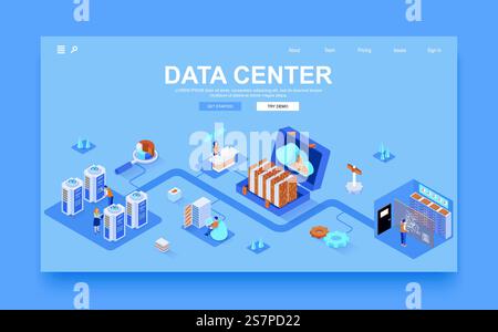 Data center concept 3d isometric landing page template. People control and monitor operation of data processing equipment, maintain of servers. Vector illustration in isometry graphic design. Stock Vector