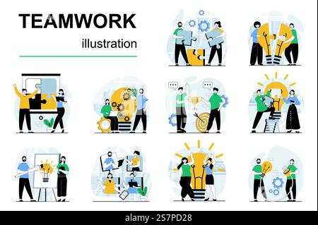 Teamwork concept with character situations mega set. Bundle of scenes people working together at projects, supporting colleagues, cooperation and partnership. Vector illustrations in flat web design Stock Vector