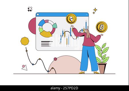 Crypto market concept with character situation in flat design. Woman analyzes data from different online exchanges and manages cryptocurrency wallets. Vector illustration with people scene for web Stock Vector