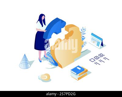 Self development concept 3d isometric web scene. People improve skills, work on positive mindset, study, read books, achieving career and personal goals. Vector illustration in isometry graphic design Stock Vector