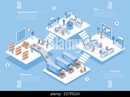 Delivery company concept 3d isometric web scene with infographic. People work in logistics department, workers loading boxes in warehouse for shipping. Vector illustration in isometry graphic design Stock Vector