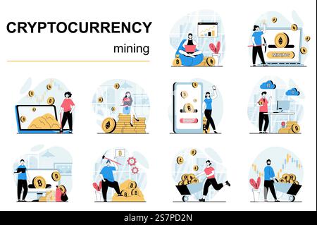 Cryptocurrency mining concept with character situations mega set. Bundle of scenes people analysing financial trends, mining bitcoins and other crypto coins. Vector illustrations in flat web design Stock Vector
