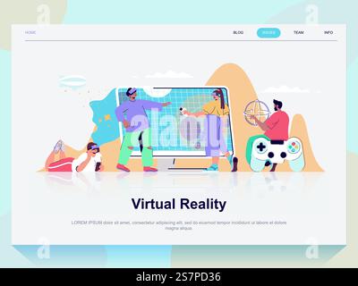 Virtual reality web concept for landing page in flat design. Man and woman using VR technology and metaverse for gaming, network, education. Vector illustration with people scene for website homepage Stock Vector