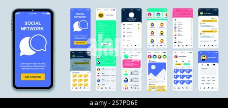 Social network mobile app screens set for web templates. Pack of login, avatar photo, information profile, friends, chats and other mockups. UI, UX, GUI user interface kit for layouts. Vector design Stock Vector
