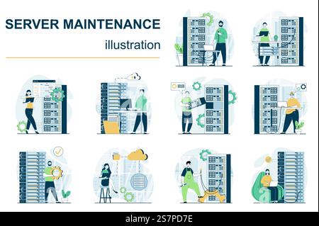Server maintenance concept with character situations mega set. Bundle of scenes people working with server racks and computers, repairing and fixing connection. Vector illustrations in flat web design Stock Vector
