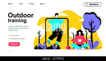 Outdoor training concept for landing page template. Man exercises on horizontal bar and woman meditates. Healthy lifestyle people scene. Vector illustration with flat character design for web banner Stock Vector