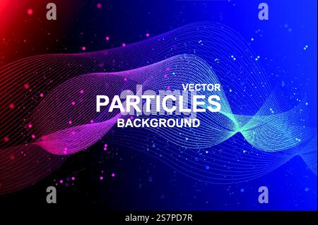 Abstract wave background with glowing particles. Wallpaper with flowing fractal lines with dots. Banner design with liquid flow of stripes with dust splash and glittering effect. Vector illustration Stock Vector