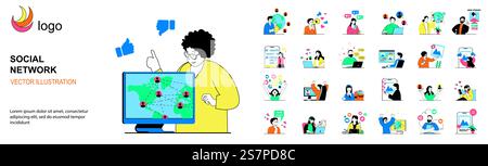 Social network concept with character situations mega set. Bundle of scenes people communicate online, finding and add new friends, sending messages and likes. Vector illustrations in flat web design Stock Vector