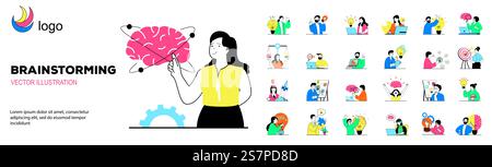 Brainstorming concept with character situations mega set. Bundle of scenes people thinking and generating new ideas, finding solutions and business innovation. Vector illustrations in flat web design Stock Vector
