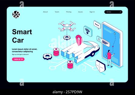 Smart car concept in 3d isometric design for landing page template. People using autonomous automobile service with online navigation map, managing car st smartphone app. Vector illustration for web Stock Vector