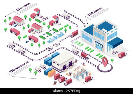 Humanitarian support concept 3d isometric web infographic workflow process. Infrastructure map with buildings, warehouse, volunteer center, delivery. Vector illustration in isometry graphic design Stock Vector
