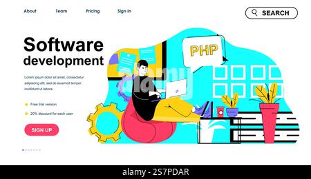 Software development concept for landing page template. Programmer writes programming code. Developer working in office people scene. Vector illustration with flat character design for web banner Stock Vector