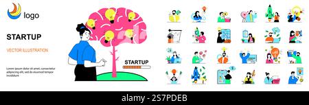 Startup concept with character situations mega set. Bundle of scenes people brainstorming and developing new business project, planning and investing money. Vector illustrations in flat web design Stock Vector