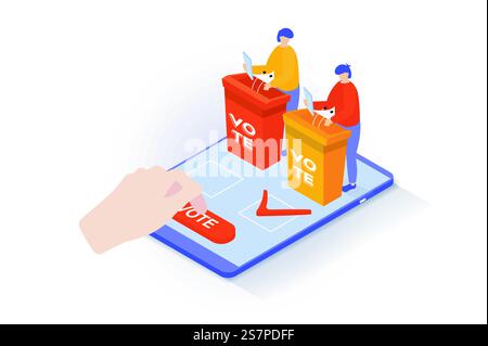 Election and voting concept in 3d isometric design. People vote online and choose political candidate, politicians hold debates and campaigns. Vector illustration with isometry scene for web graphic Stock Vector
