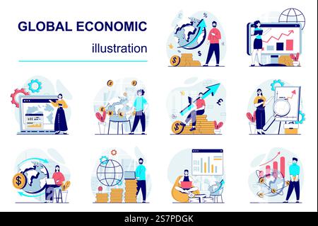 Global economic concept with character situations mega set. Bundle of scenes people analyzing worldwide market trends, making presentation, planning strategy. Vector illustrations in flat web design Stock Vector