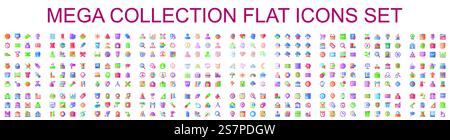 Mega set of vector color flat icons. Contains such Icons as Shopping, Banking, Delivery, Ecology, Business, Education, Teamwork, Management, Marketing and more. Bundle icon. Flat pictogram pack. Stock Vector