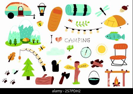Camping and hiking isolated elements set in flat design. Bundle of trailer, sleeping bag, mat, tent, mountains, fishing rod, forest trees, firewood, canned food, ax and other. Vector illustration. Stock Vector