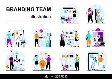 Branding team concept with character situations mega set. Bundle of scenes people launch brand, create logo and identity, making marketing promotional campaign. Vector illustrations in flat web design. Branding team concept with character situations mega set. Vector illustrations Stock Vector
