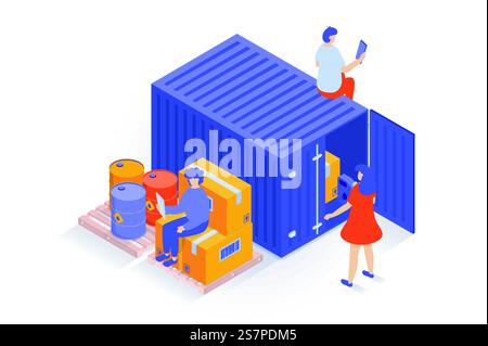 Transportation and logistics concept in 3d isometric design. People loading boxes to ship container, delivering barrels and cardboard packages. Vector illustration with isometry scene for web graphic Stock Vector