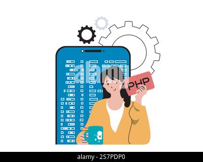 Programming software concept with character situation. Woman working with program code on mobile platform app, testing and optimization. Vector illustration with people scene in flat design for web Stock Vector
