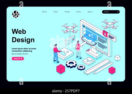 Web design concept in 3d isometric design for landing page template. People creating pages layouts, drawing content elements, making homepages, programming and settings. Vector illustration for web Stock Vector