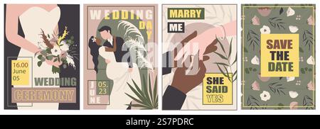 Wedding ceremony cover brochure set in trendy flat design. Poster templates with bride in dress holds bouquet, diversity couples dance or put rings, flower pattern invitation. Vector illustration. Stock Vector