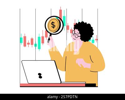 Stock trading concept with character situation. Woman analyzes financial chart, explores market, works with data and makes trend forecast. Vector illustration with people scene in flat design for web Stock Vector