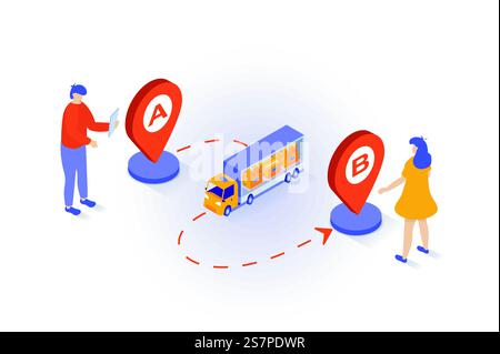 Transportation and logistics concept in 3d isometric design. People use delivery company service for boxes shipping in truck and tracking route. Vector illustration with isometry scene for web graphic Stock Vector