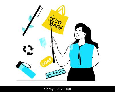Zero waste concept with character situation. Woman pointing at eco products, bamboo toothbrush, testicle shopping bag, glass bottle, other. Vector illustration with people scene in flat design for web Stock Vector