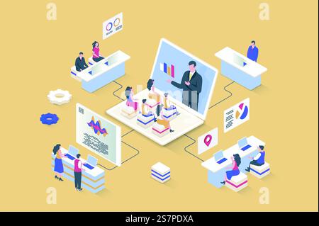 Coaching concept in 3d isometric design. Business coach making lecture for company employees, improves sales performance and profit. Vector illustration with isometry people scene for web graphic Stock Vector