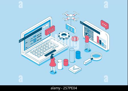 DevOps concept in 3d isometric design. People working with computers, communication and collaboration agile processes on programming products. Vector illustration with isometry scene for web graphic Stock Vector