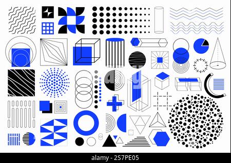 Geometric shapes isolated elements set in flat design. Bundle of different lines, squares, dots, cylinder, circle, rhombus, cubes, sphere, patterns, cross, triangles and other. Vector illustration. Stock Vector