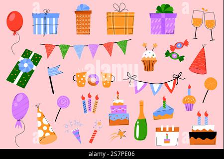 Birthday holiday mega set in graphic flat design. Bundle elements of balloons, gifts, champagne, garlands, cupcakes, hats, lollipops, candles, cake and other. Vector illustration isolated stickers Stock Vector