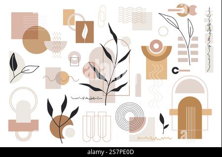 Abstract geometrical and floral objects mega set in graphic flat design. Bundle elements of different brown and beige geometric shapes and leaf plants collage. Vector illustration isolated stickers Stock Vector