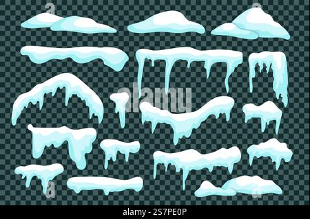 Snow caps with icicles isolated elements set in flat design. Bundle of different shapes snowcaps, snowdrifts and snowy ice on roofs. Seasonal weather frames and winter borders. Vector illustration. Stock Vector