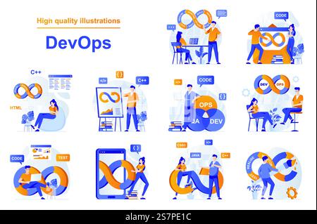 DevOps web concept with people scenes set in flat style. Bundle of programmers interact with tech support engineers, administration development operations. Vector illustration with character design Stock Vector