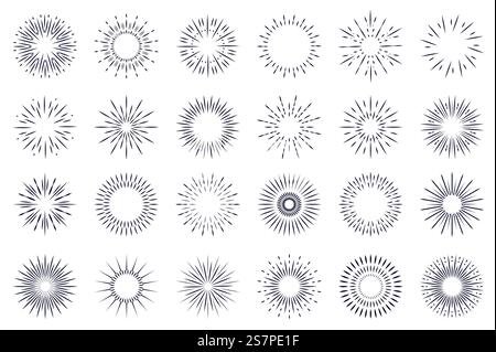 Sunburst isolated graphic elements set in flat design. Bundle of abstract round contour of sun or line firework explosions shapes, geometric light flash symbols for decoration. Vector illustration. Stock Vector