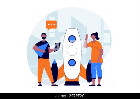 Business startup web concept with character scene. Man and woman creates ideas and building new company. People situation in flat design. Vector illustration for social media marketing material. Stock Vector