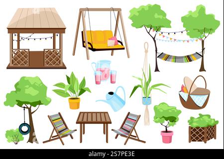 Garden furniture set graphic elements in flat design. Bundle of wooden gazebo, hammock, trees, potted, carafe and glasses, picnic basket, table, chairs and other. Vector illustration isolated objects Stock Vector