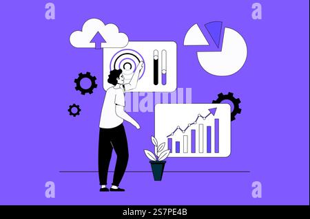 IOT analytics web concept with character scene in flat design. People processing data collected from different IOT devices using cloud tech. Vector illustration for social media marketing material. Stock Vector