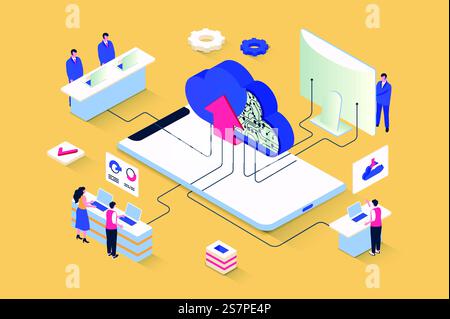 Cloud computing concept in 3d isometric design. Network computing technology, data storage and upload, secure access to database server. Vector illustration with isometry people scene for web graphic Stock Vector