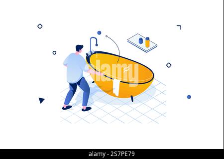 Home interior concept in 3d isometric design. Man stand by bathtub with shelf in bathroom. Furnishing and decoration in living room. Vector illustration with isometric people scene for web graphic Stock Vector